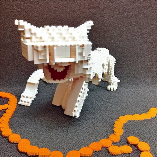 Prompt: smiling orange scratch cat walking, intricate LEGO sculpture by master builder,