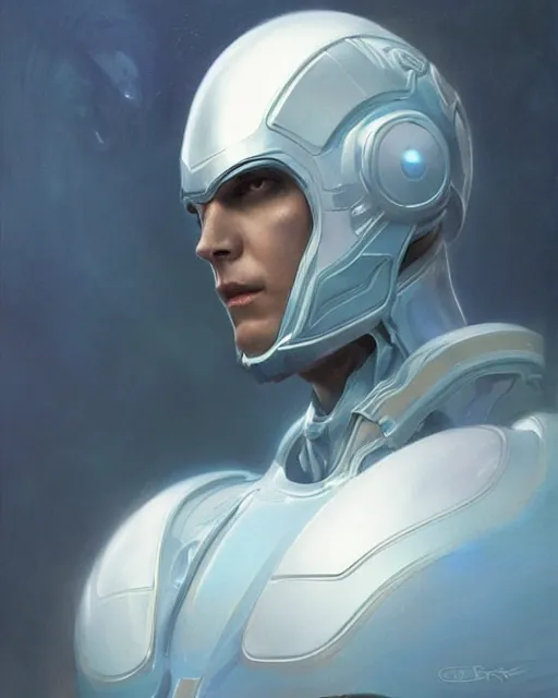 Image similar to iridescent sinewy smooth muscular male sleek glossy bluish white pearlescent scifi armor with smooth white featureless helmet, by greg rutkowski, mark brookes, jim burns, tom bagshaw, magali villeneuve, eve ventrue, trending on artstation