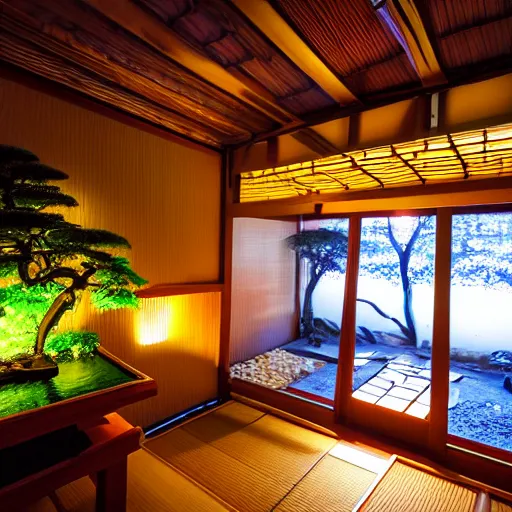 Image similar to photographed by Frans Lanting of the inside of a dimly lit cozy dark wooden Japanese house with a indoor koi pond at night raining, bonsai trees, fireflies, wild flowers, raining, night