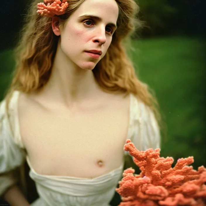 Image similar to Kodak Portra 400, 8K, soft light, volumetric lighting, highly detailed, brit marling style 3/4 ,portrait photo of a beautiful woman how pre-Raphaelites painter, n long elegant intricate ornamental ethereal coral and shells dress, natural skin tone, highly detailed realistic flowers ornament in the upper side of breast, bust with a long beautiful neck , long dark hair are intricate with highly detailed realistic coral and shells, elegant, Realistic, Refined, Highly Detailed, natural outdoor soft pastel lighting colors scheme, outdoor fine art photography, Hyper realistic, photo realistic