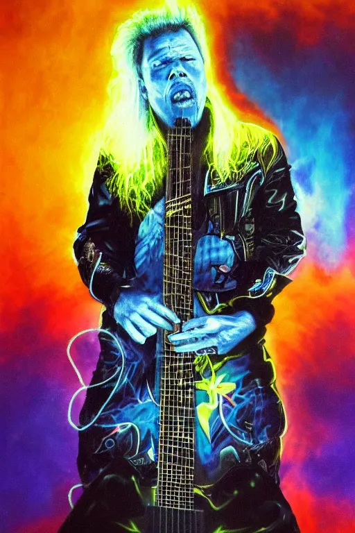 Image similar to hyperrealism, fluorescent james hetfield from metallica singing and playing an electric guitar and floating in indigo space with light blue brutalist architecture in the horizon, realistic face, photorealistic, vivid colours, cinematic, 4 k, high resolution