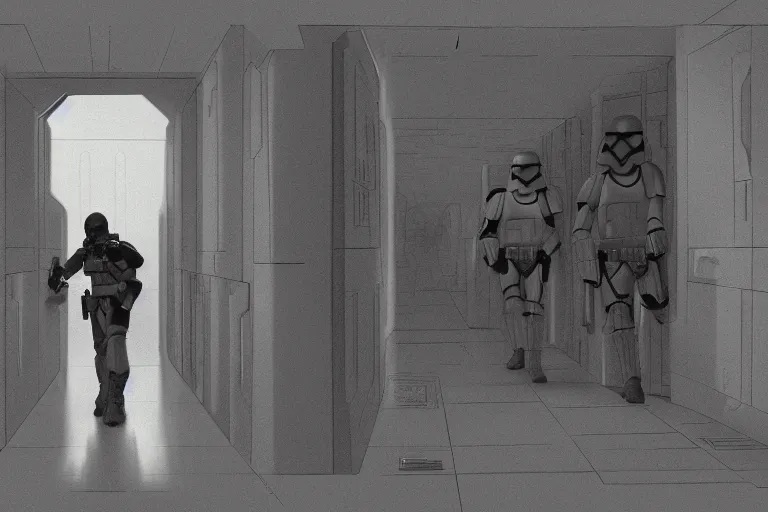 Image similar to ralph mcquarrie concept art, scene : int. death star - detention corridor, luke and leia crouch together in an alcove for protection as they continue to exchange fire with troops. han and chewbacca are barely able to keep the stormtroopers at bay at the far and of the hallway. the laserfire is very intense, and smoke fills the narrow cell corridor.