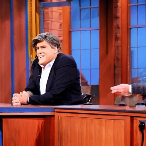 Image similar to Jay Leno as Conan Obrien hosting a late night talk show