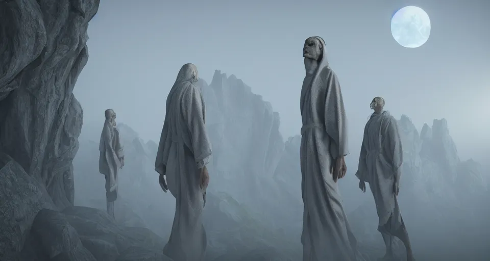 Image similar to a photo of humanoid aliens! wearing robes on a foggy mountain, octane render, unreal engine