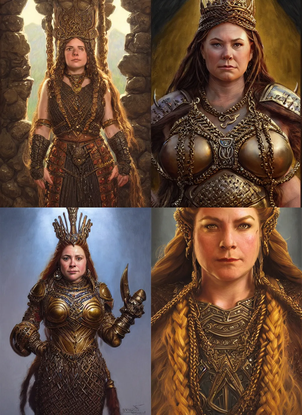 Prompt: portrait, female dwarf queen, bronze dwarven breastplate, elaborate braided hair, regal and proud robust woman, bold serious expression, style by donato giancola, wayne reynolds, jeff easley dramatic light, high detail, cinematic lighting, artstation, dungeons and dragons, throne room,