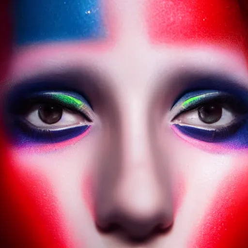 Image similar to A close-up of a beautiful girl with a surreal makeup reminding the swiss flag, octane render, bokeh, cyberpunk vibes, neons on the background