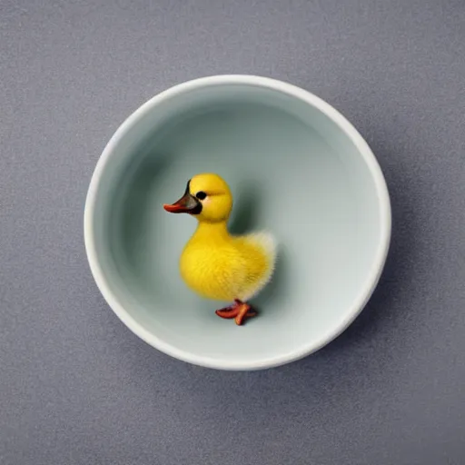 Prompt: cute duckling in a small porcelain bowl, photography, minimalistic, 8 k