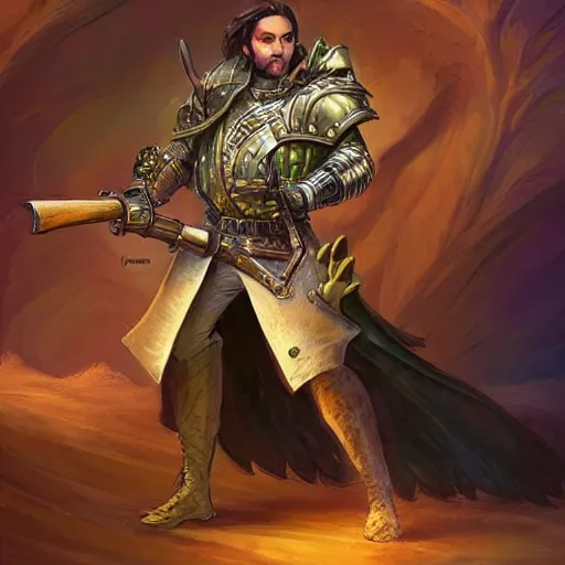 Image similar to a man holding a large blunderbuss. leather armor, no helmet. standing in a sand dune. colorful, bright, fantasy, artgerm, dnd, fantasy, rpg