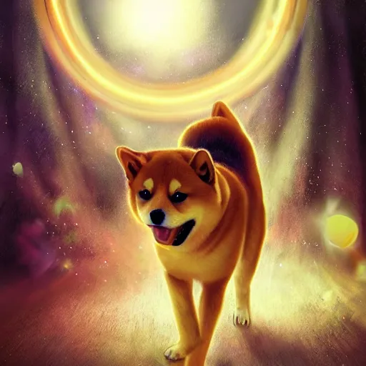 Image similar to shiba inu puppy walks through a dimensional portal, Fantasy Art