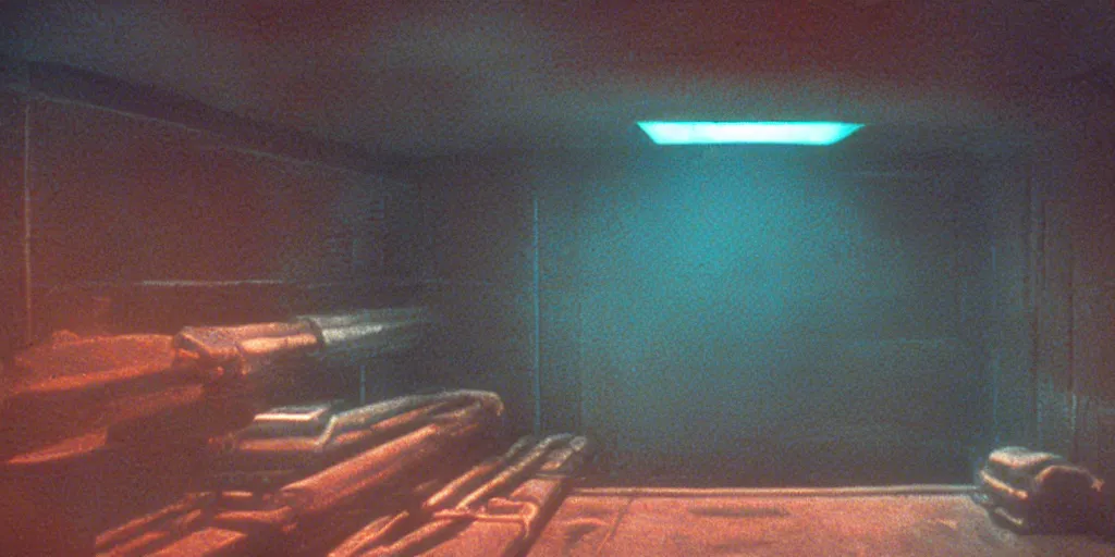 Prompt: color film still, a large wall with the sea painted on it. floor, ceiling with fluorescent lights ; alien 2 ( 1 9 8 6 )