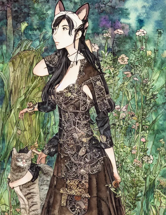 Image similar to central asian woman with cat ears, wearing a lovely dress in a steampunk garden. this watercolor painting by the award - winning mangaka has impeccable lighting, an interesting color scheme and intricate details.