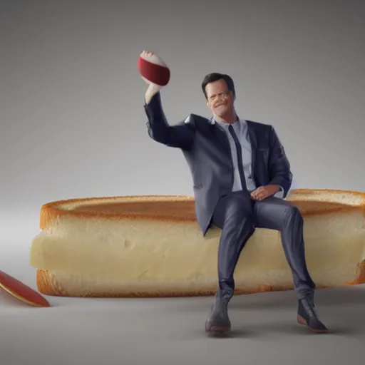 Image similar to dutch mark rutte hyperrealistic, octane render, surfing on a cheese sandwich