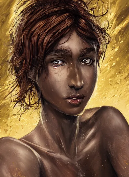 Image similar to An epic fantasy comic book style portrait painting of a short, dark-skinned, slender girl with short auburn hair that comes almost to her shoulders with brown eyes that look almost black with flecks of gold in them. The gold flecks flare up when she’s agitated. She has a medium-sized scar on the upper right side of her head, unreal 5, DAZ, hyperrealistic, octane render, cosplay, RPG portrait, dynamic lighting