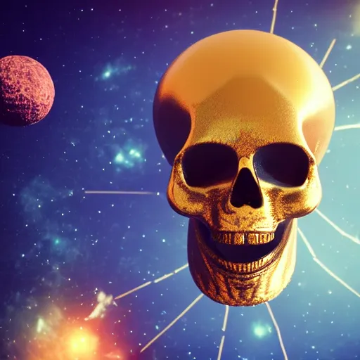 Prompt: golden skull floating in space, 3d render, DROELOE, digital illustration, computer render, 8K