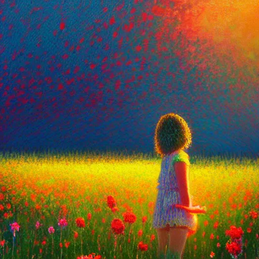 Image similar to girl made of flowers, standing in a flower field, big trees, sunrise dramatic light, impressionist painting, colorful clouds, digital painting, pointillism, artstation, simon stalenhag