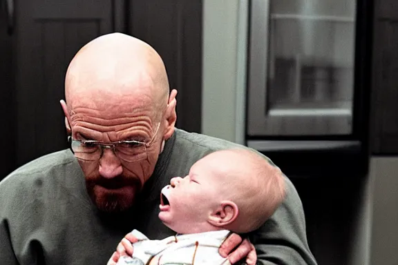 Image similar to walter white holding a baby and screaming at it