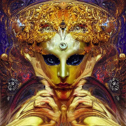 Image similar to Divine Chaos Engine, as a Venetian Carnivale Mask, by Karol Bak, Jean Deville, Gustav Klimt, and Vincent Van Gogh, celestial, visionary, sacred, fractal structures, ornate realistic gilded medieval icon, spirals