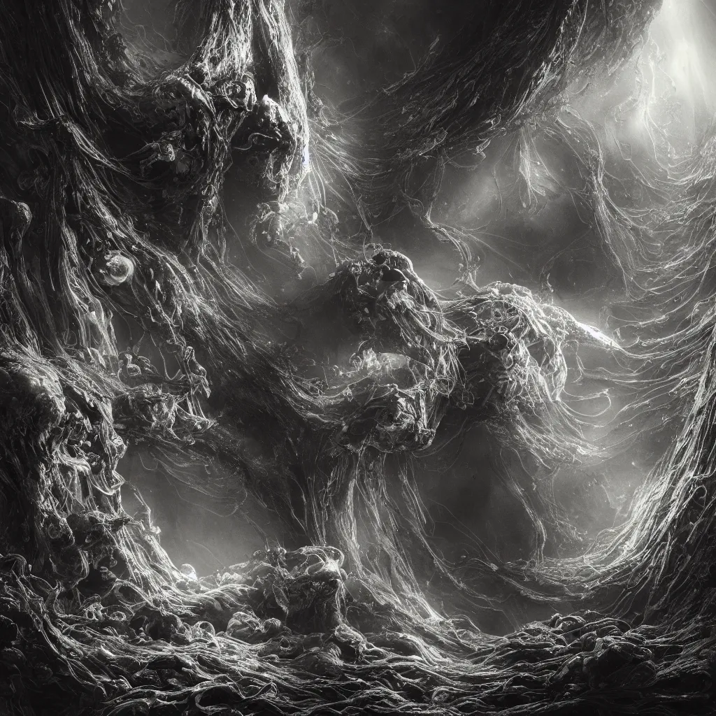 Prompt: symbolism, chaos , consciousness, illusion , beautiful, organism, divine, static, fluid , breathe, void , abyss , cinematic lighting , cinematic mood, very detailed, 8k, high resolution, photorealism, wide angle, cinematic atmosphere, elaborate, highly detailed, ornate, shiny, dramatic lighting, realistic,octane render, by Gustave Doré