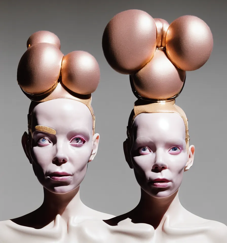 Image similar to portrait of a alien futuristic cyborg wearing a gold pipes fitted beauty mask and pink hair buns, wearing a black bodysuit by alexander mcqueen, cream white background, soft diffused light, biotechnology, humanoid robot, perfectly symmetric, bjork aesthetic, translucent, by rineke dijkstra, intricate details, highly detailed, masterpiece,