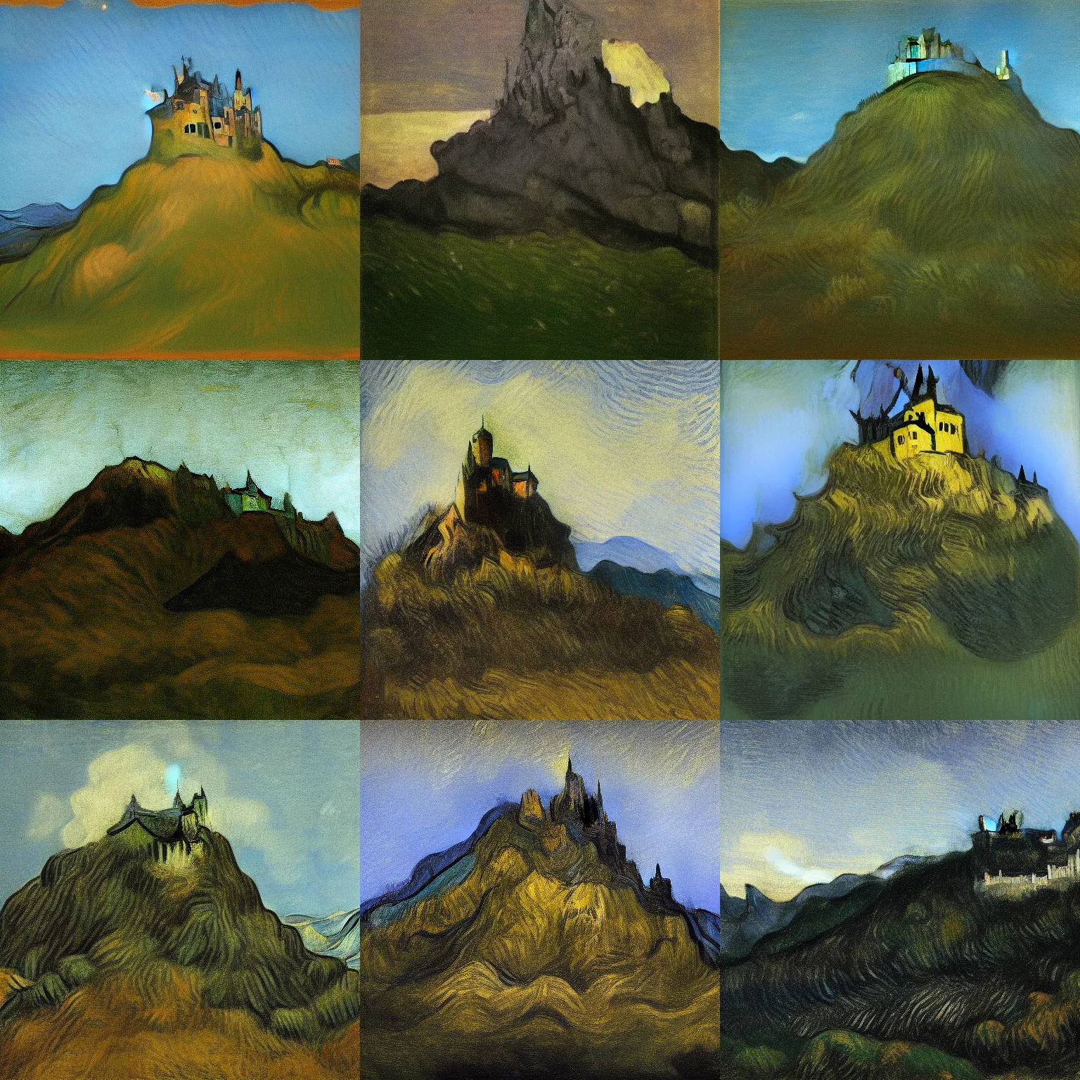 Prompt: dark castle on a mountain painted by van gogh and goya