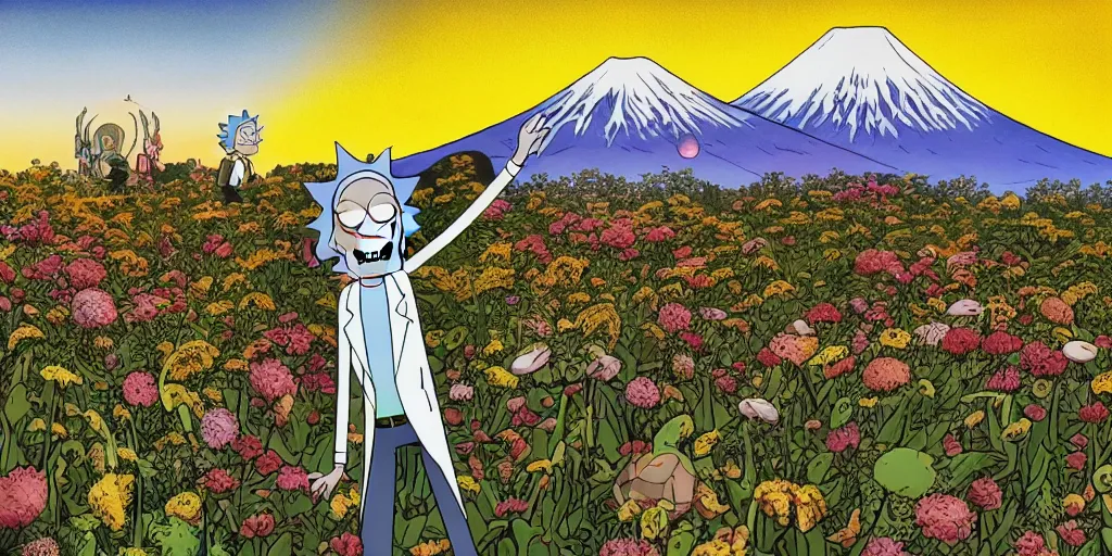 Prompt: Rick and morty in a Field of mixed flowers, Mount Fuji blurred in the background, good news on Sunday, HR Giger style , XIXth century painting with gold frame