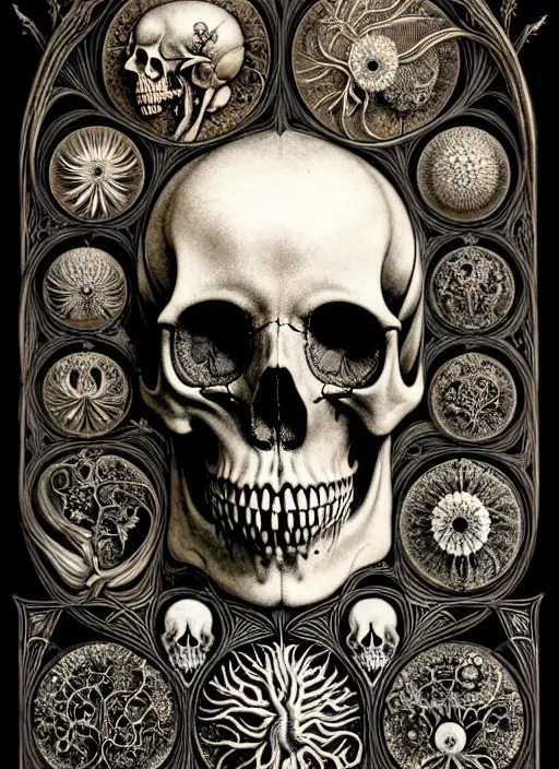 Image similar to art forms of nature by ernst haeckel, memento mori by arthur rackham, ornate antique porcelain beautiful skull mask, ultrasharp, photorealistic, hyperdetailed, octane render, polished, art nouveau, neo - gothic, gothic, intricate ornamental organic filigree, art nouveau botanicals, art forms of nature by ernst haeckel, horizontal symmetry, symbolist, visionary