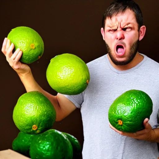 Image similar to guy who is holding too many limes with a very angry face