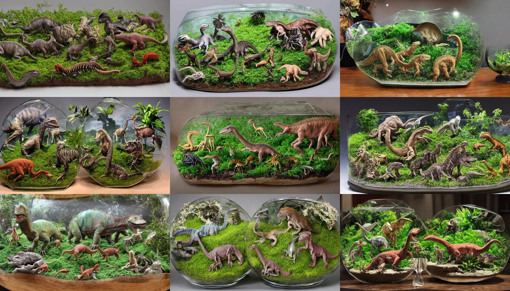 Prompt: a terrarium of jurassic animals