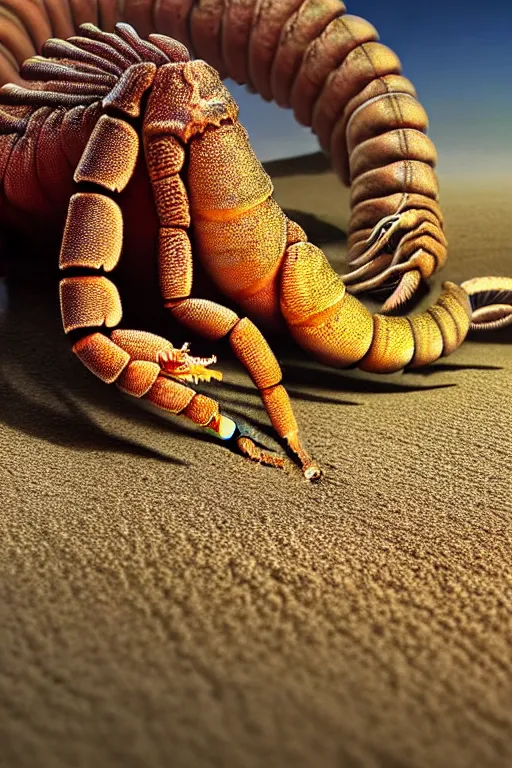 Image similar to hyperrealistic close - up sand worm scorpion monster highly detailed concept art eric zener elson peter cinematic hard yellow lighting high angle hd 8 k sharp shallow depth of field, inspired by david paul cronenberg and zdzisław beksinski