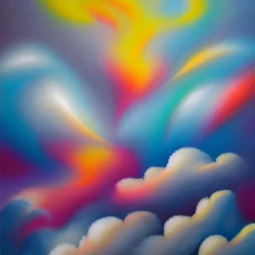 Prompt: beautiful matte airbrush of an abstract composition with defined sharp and glossy metallic elements mixed with fluffy fuzzy clouds, inspired by 8 0's airbrush illustrations, art by pater sato