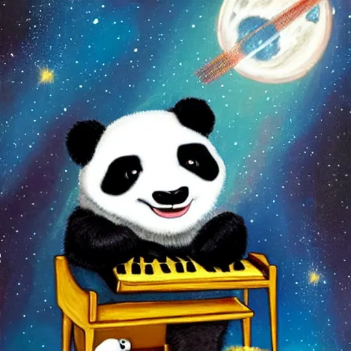 Image similar to painting of a panda playing piano at the edge of the galaxy wearing an astronaut uniform and laughing