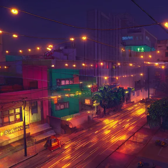 Prompt: Downtown Mexico, string lights, colorful lighting, night, realism, ((gta 5 screenshot house)), by Tooth Wu, by Lienzo Óleo Paisaje, by Greg Rutkowski