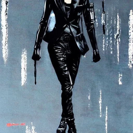 Image similar to Emma Watson in a black leather suit by Yoji Shinkawa