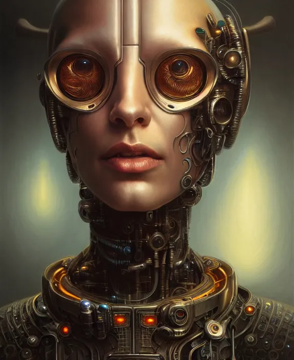 Image similar to portrait shot of a cyberpunk robot, intricate, elegant, highly detailed, centered, digital painting, artstation, concept art, smooth, sharp focus, illustration, artgerm, tomasz alen kopera, peter mohrbacher, donato giancola, joseph christian leyendecker, wlop, boris vallejo