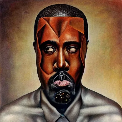 Image similar to very detailed surreal portrait of kanye west as his face melts. painted by salvador dali, 1 9 3 1. oil on canvas.