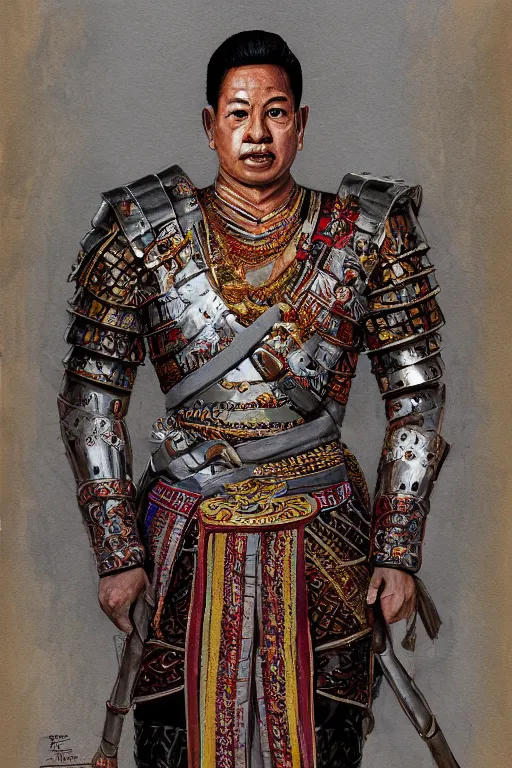 Prompt: from https : / / images. app. goo. gl / m 2 me 1 jcqzqfwpm 9 j 8! dream, full body portrait of king ramkhamhaeng the great, leather armor, tai ethnic group leader, emotional movement in the battle, highly detailed, digital painting, watercolor, artstation, concept art, smooth, sharp focus, illustration