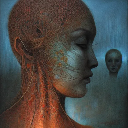 Image similar to beksinski, zdzisław - her eyes wide, oil on canvas