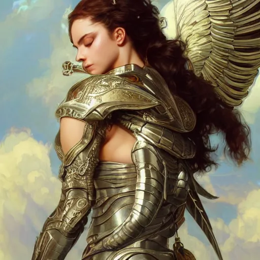 Image similar to A beautiful and fierce angel wearing fancy metallic battle armor and wings among heavenly clouds, intricate, elegant, highly detailed, digital painting, artstation, concept art, smooth, sharp focus, illustration, art by artgerm and greg rutkowski and alphonse mucha