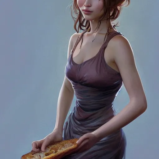 Prompt: an attractive young female eating a sandwich, jennifer lawrence, olive skin, long dark hair, beautiful bone structure, intricate, elegant, highly detailed, digital painting, artstation, concept art, smooth, sharp focus, illustration, art by artgerm and greg rutkowski and alphonse mucha