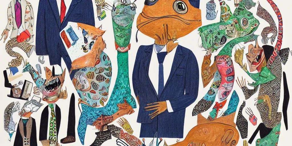 Image similar to anthropomorphic catfish wearing a suit, thumbs upping, by lisa hanawalt, by wanda gag, by tove jannson