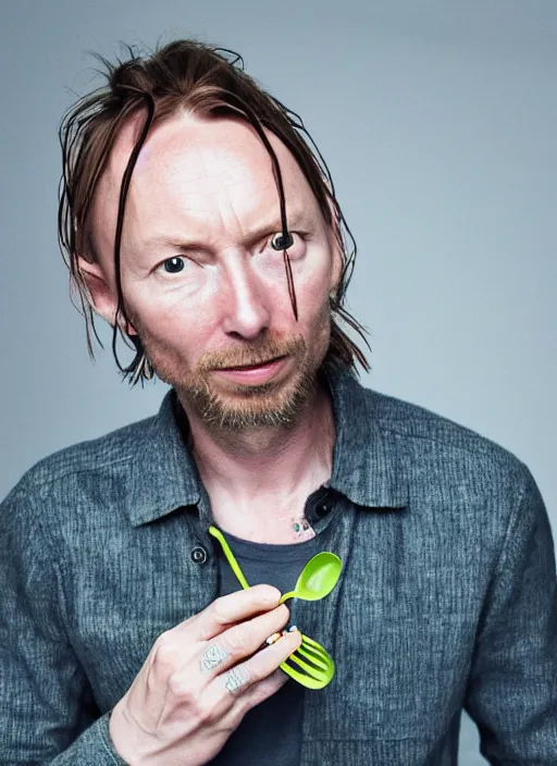 Image similar to a portrait of thom yorke from radiohead holding a spork and grinning weirdly. realistic, photograph, high definition, 4 k, soft lighting