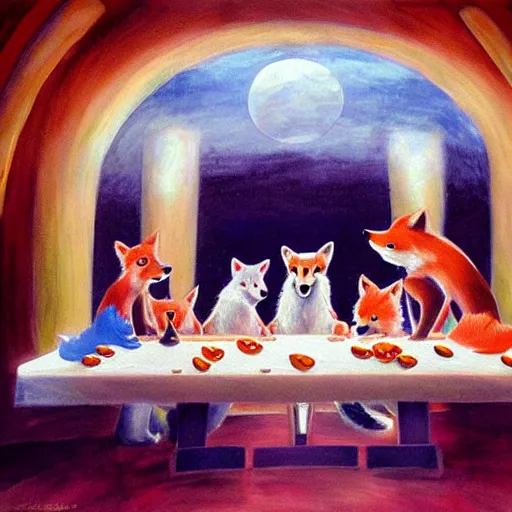 Prompt: foxes in the last supper painting, cute, disney, furry, dramatic lighting, award winning