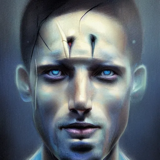 Image similar to surreal portrait of a man by Greg Rutkowski, symmetrical face, he is about 30 years old, short black hair with bangs, his features are a mix between French, Turkish and Russian, transformed into a kind of biomechanical transhuman god, blue glowing eyes, expression of epiphany and determination, cosmic void background, frightening, fascinating, highly detailed portrait, digital painting, book cover, artstation, concept art, smooth, sharp foccus ilustration, Artstation HQ