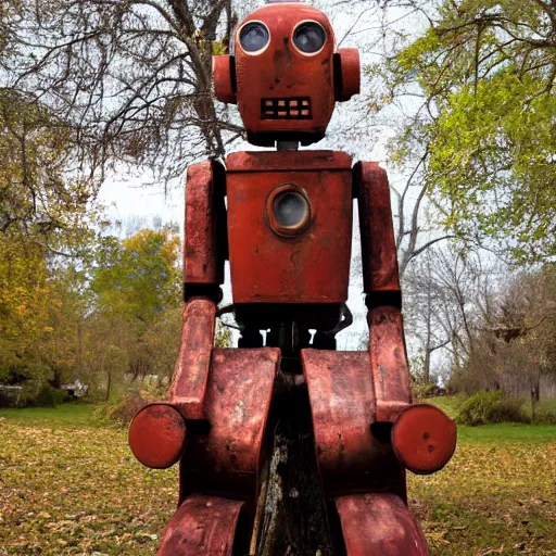 Prompt: rusty robot sitting by a tree, auction catalogue photo