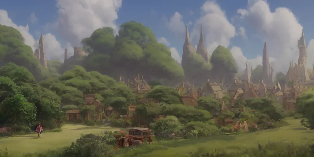 Image similar to background plate matte painting ghibli pixar dreamworks vista english countryside.