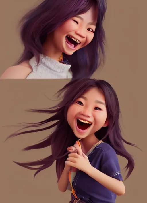 Image similar to a cute asian girl laughing, flowing hair, in the style of pixar animation, full body shot, viewed from bellow, award winning, hyper detailed, studio lighting, artstation, octane renderer, unreal engine