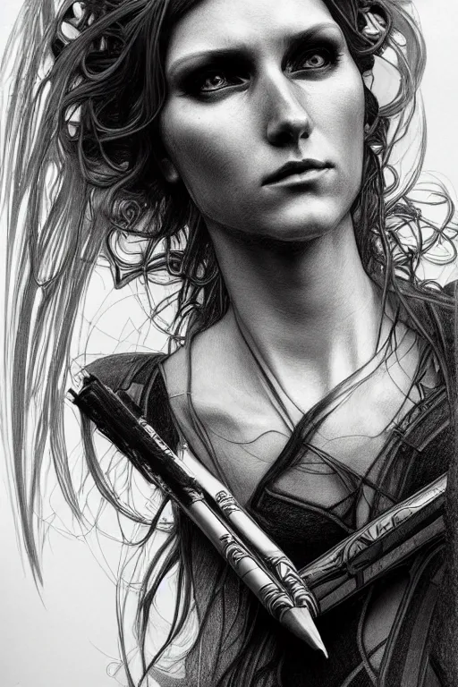 Image similar to hyperrealist pencil sketch of a cyberpunk woman david malan and alphonse mucha, fantasy art, drawing, dynamic lighting, artstation, poster, volumetric lighting, very detailed faces, 4 k, award winning