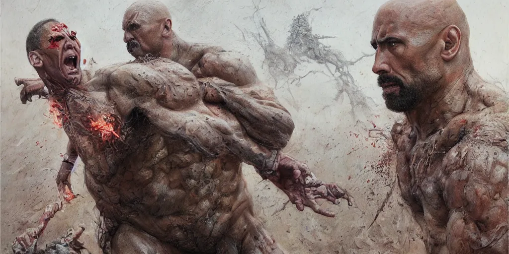 Image similar to Nicolas Cage fight with Dwayne Rock Johnson, dark fantasy, intricate, highly detailed, smooth, artstation, painted by Wayne Barlowe, zdislav beksinski, Francis Bacon