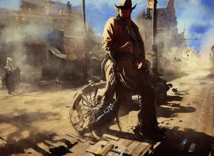 Image similar to oil painting of old rugged cowboy in wild west street, firing revolver, gun smoke, art by anders zorn, wonderful masterpiece by greg rutkowski, beautiful cinematic light, american romanticism by greg manchess, reflections in copper, sunlight, dust and steam