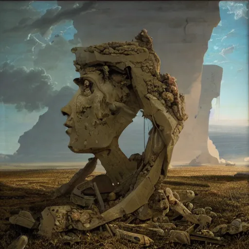 Image similar to hyperrealistic surrealism, David Friedrich, award winning masterpiece with incredible details, Zhang Kechun, a surreal vaporwave vaporwave vaporwave vaporwave vaporwave painting by Thomas Cole of a gigantic broken mannequin head sculpture in ruins, astronaut lost in liminal space, highly detailed, trending on ArtStation